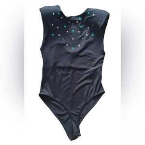 Zara Beaded  Black Bodysuit With Shoulder Pads Gems Size Medium NWT